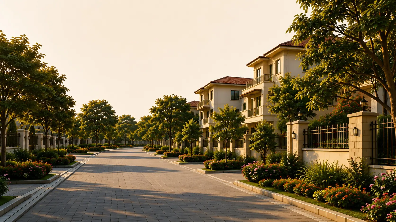 Landscaped street of villas in evening light