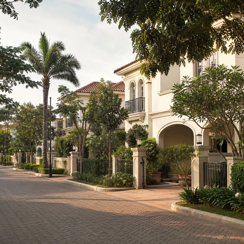Wide tree-lined road with villas and palms