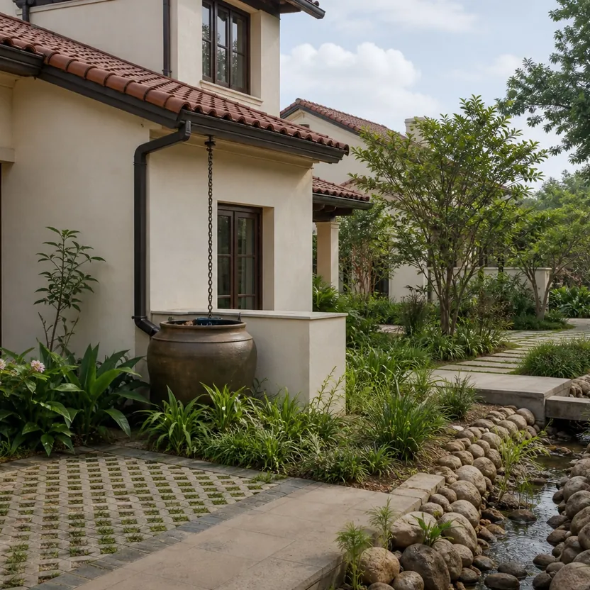 Garden walkway beside a rain channel