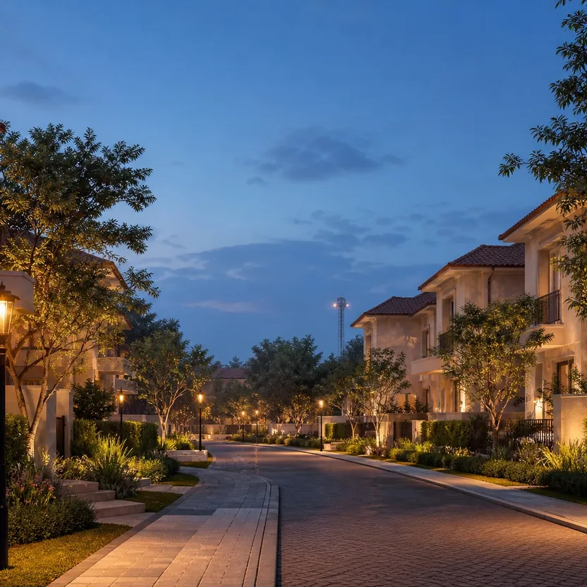 Street lights along a residential road at dusk