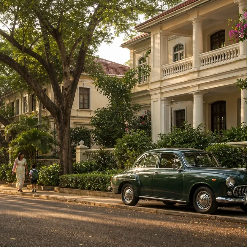Leafy avenue of villas with a classic car