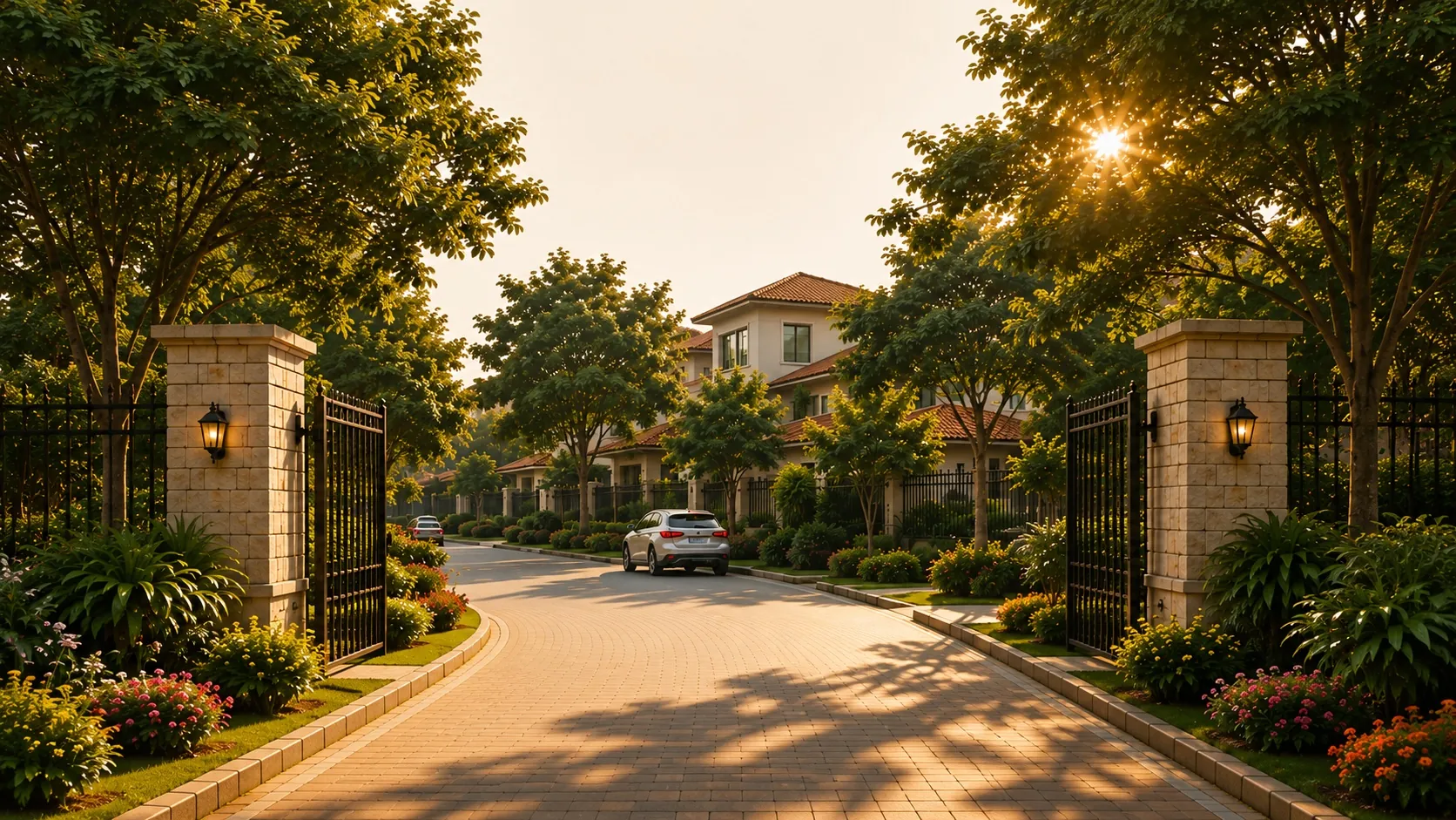 Tree-lined gated street with villas at golden hour at Manyata Summer Skies