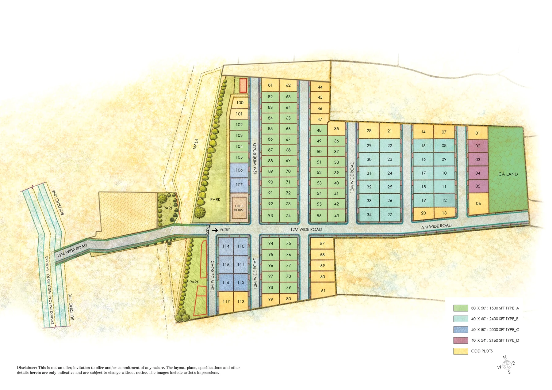 Master plan of Manyata Summer Skies showing the plots by size, the roads and the parks