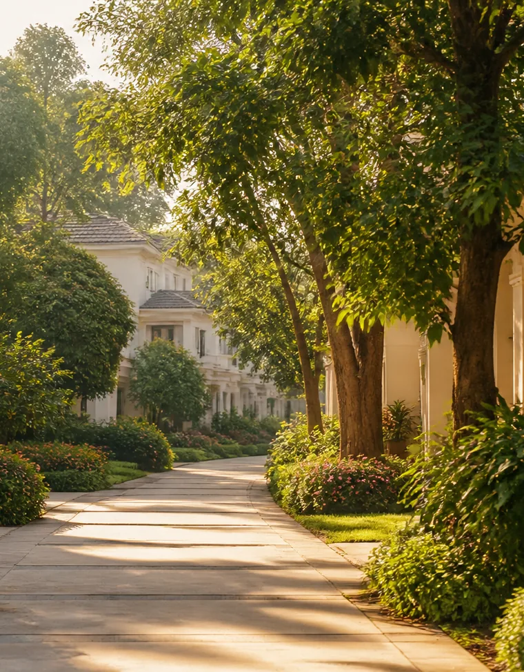Shaded garden walkway between homes at Summer Skies