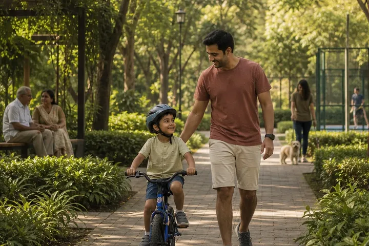 A father and child cycling along a shaded path